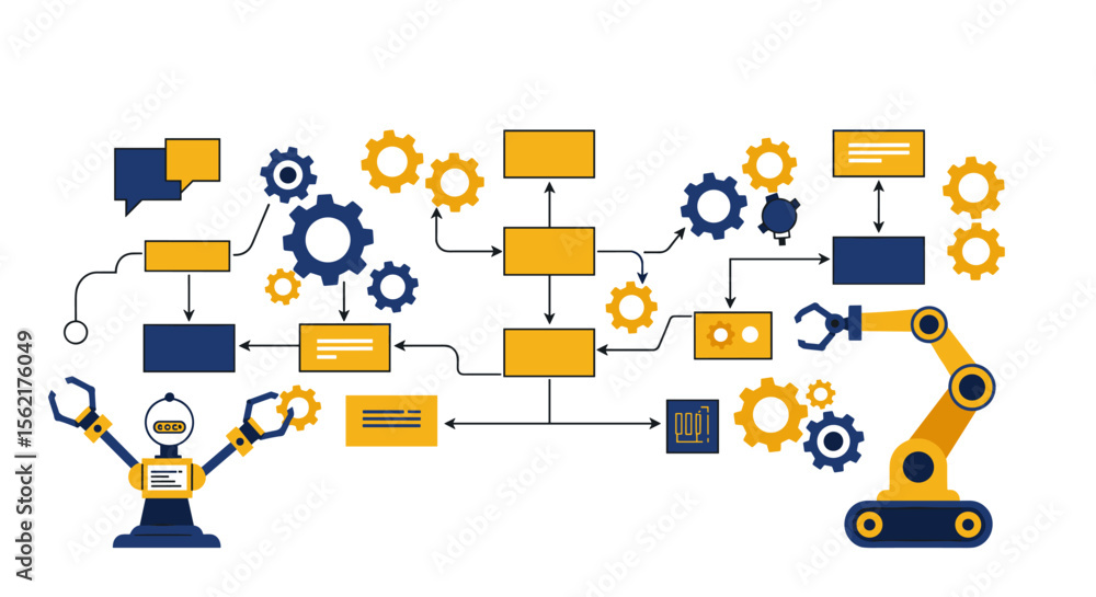Poster automation process flowchart vector illustration with robotic arm and gear icons for workflow design