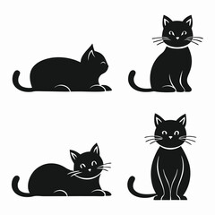 Four Black Cat Silhouettes in Different Poses on a White Background
