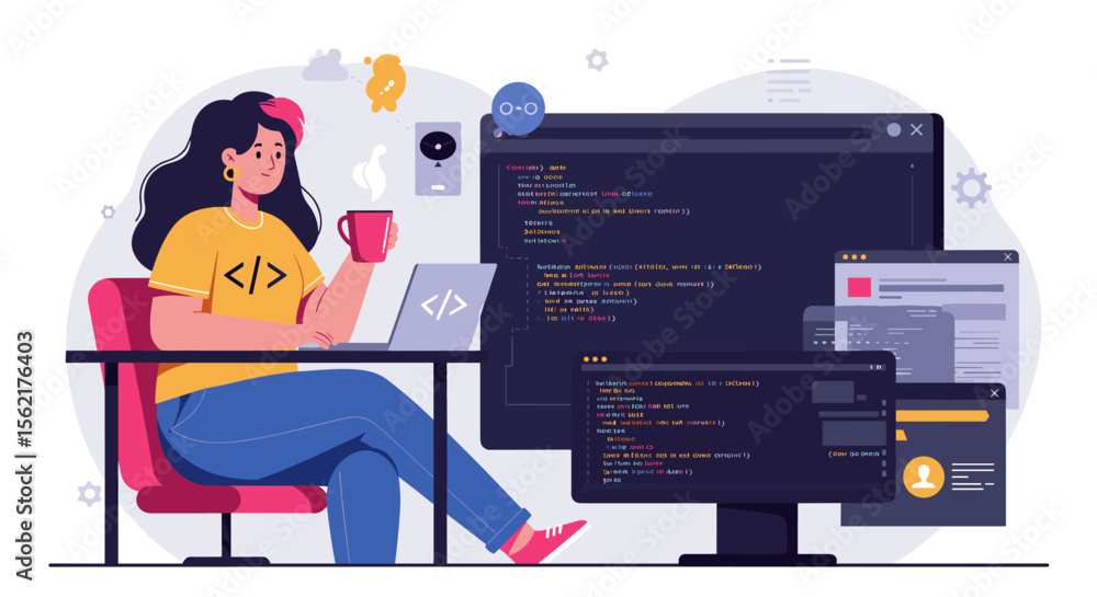 Poster programmer working in modern office environment vector illustration for tech and design projects