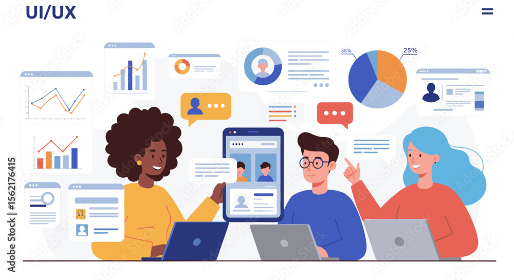 Poster ui ux teamwork vector illustration with designers discussing analytics in a modern office setting