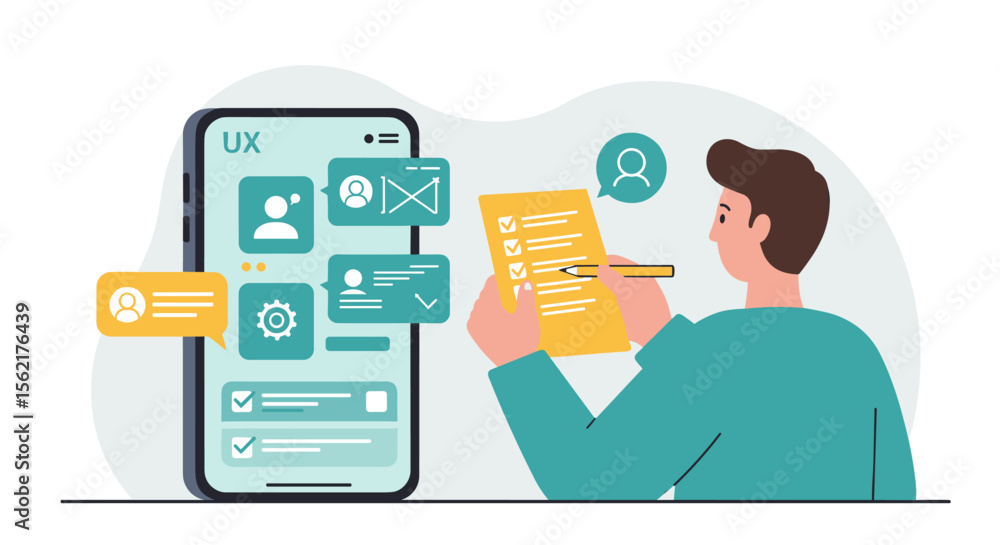 Poster ux design process vector illustration in flat style for digital user experience interfaces