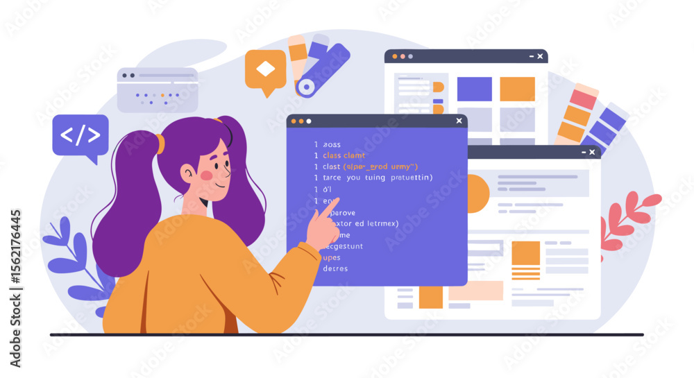 Poster female programmer in a flat style vector illustration of software development and coding concept