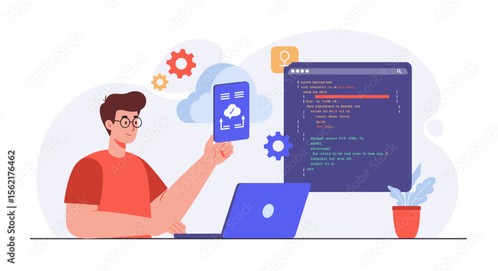 Poster developer with smartphone and laptop programming code vector illustration for tech design projects