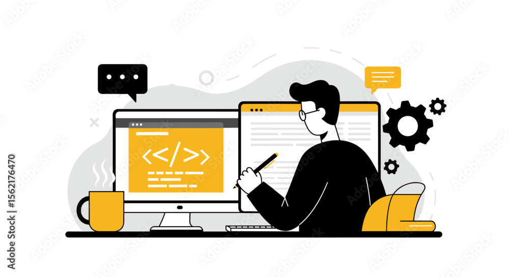 Poster developer workspace concept with code on screen, flat vector illustration for technology and web des