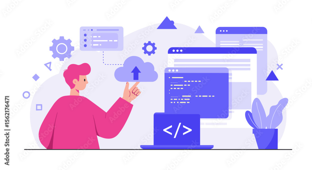 Poster cloud technology and software development vector illustration for digital design and print