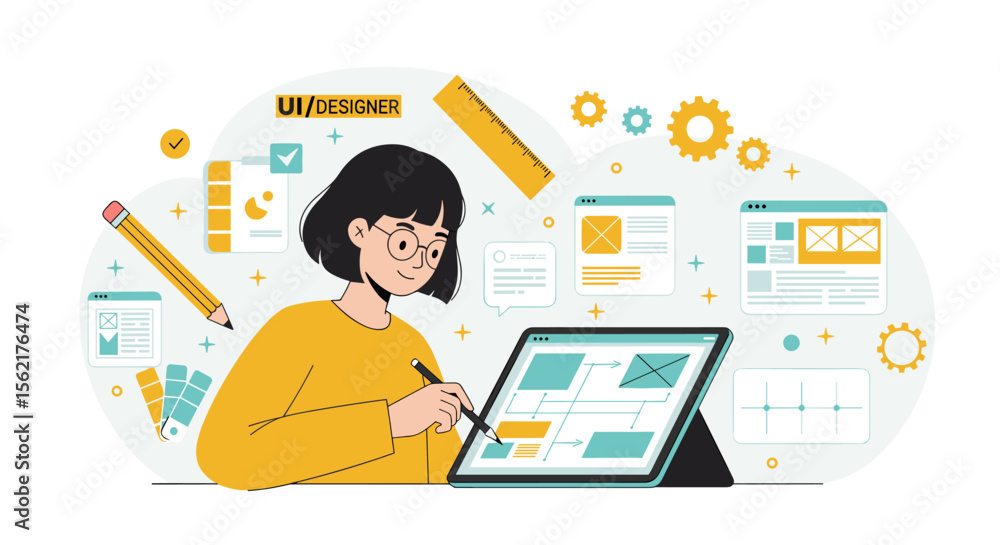Poster ui designer at work vector illustration - creative design and wireframing for digital interfaces