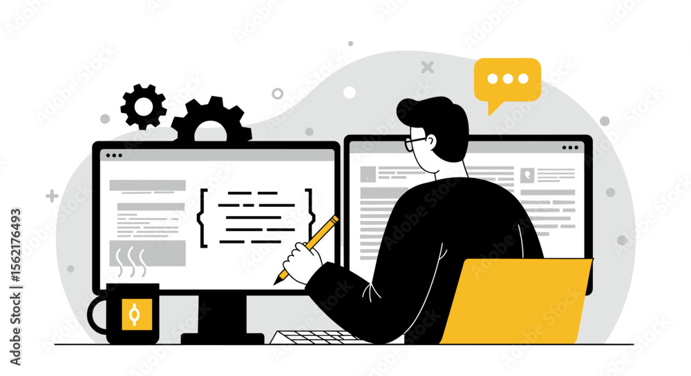 Poster software development process concept vector illustration for technology-themed design and print in f