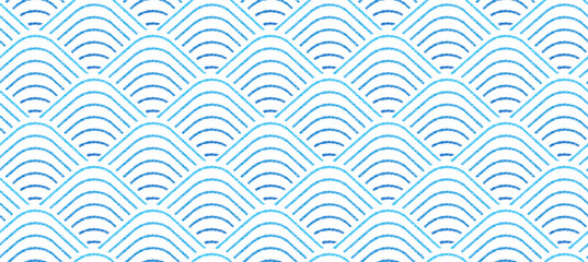 Japanese seamless pattern with scallop, fish scale. Abstract geometric background with blue lines with crayon texture. Seigaiha seamless pattern, vector illustration