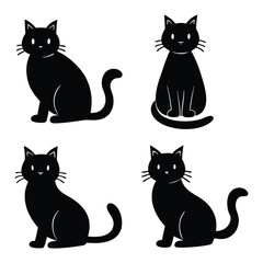Four Black Cat Silhouettes in Different Poses on a White Background