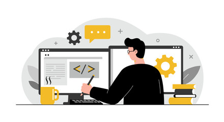 Flat vector illustration of a programmer at work with coding elements for professional design projects