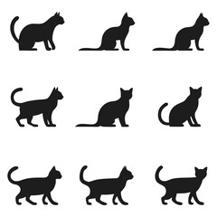 Collection of Nine Different Black Cat Silhouette Poses on White Background