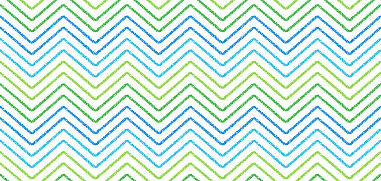 Crayon seamless pattern with zigzag lines. Abstract by with geometric zig zag print. Seamless pattern with blue and green wavy strokes with chalk texture, vector illustration