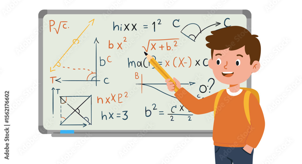 Poster educational vector illustration of boy learning mathematics with formulas on whiteboard for classroo