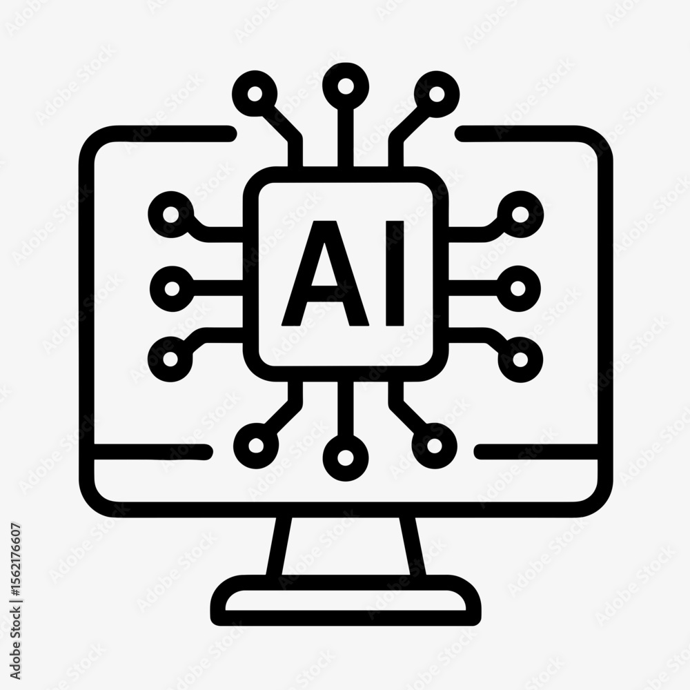 Fototapete Minimalist Outline Computer with AI Processor Chip Line Icon Symbol