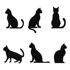 Collection of Six Black Cat Silhouettes in Various Poses on White Background