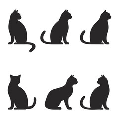 Collection of Six Sitting Cat Silhouettes in Various Poses on White Background