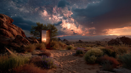 A dimensional door in the desert , twilight fantasy sky is background.