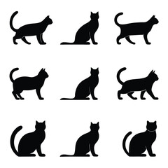 Collection of Nine Black Cat Silhouettes in Various Poses on White Background