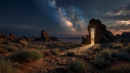 Obraz premium Amazing dimensional door in the desert , space fantasy sky is background.