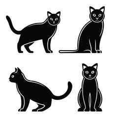 Four Black Cat Silhouettes in Different Poses on a White Background