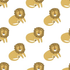 Seamless pattern with cartoon lion, decor elements. colorful illustration for kids. hand drawing, flat style. baby design for fabric, print, textile, wrapper