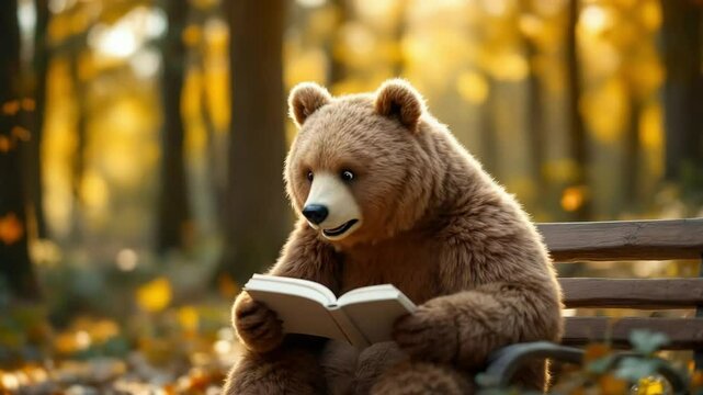Furry brown bear is engrossed reading a book on a bench in the autumn forest