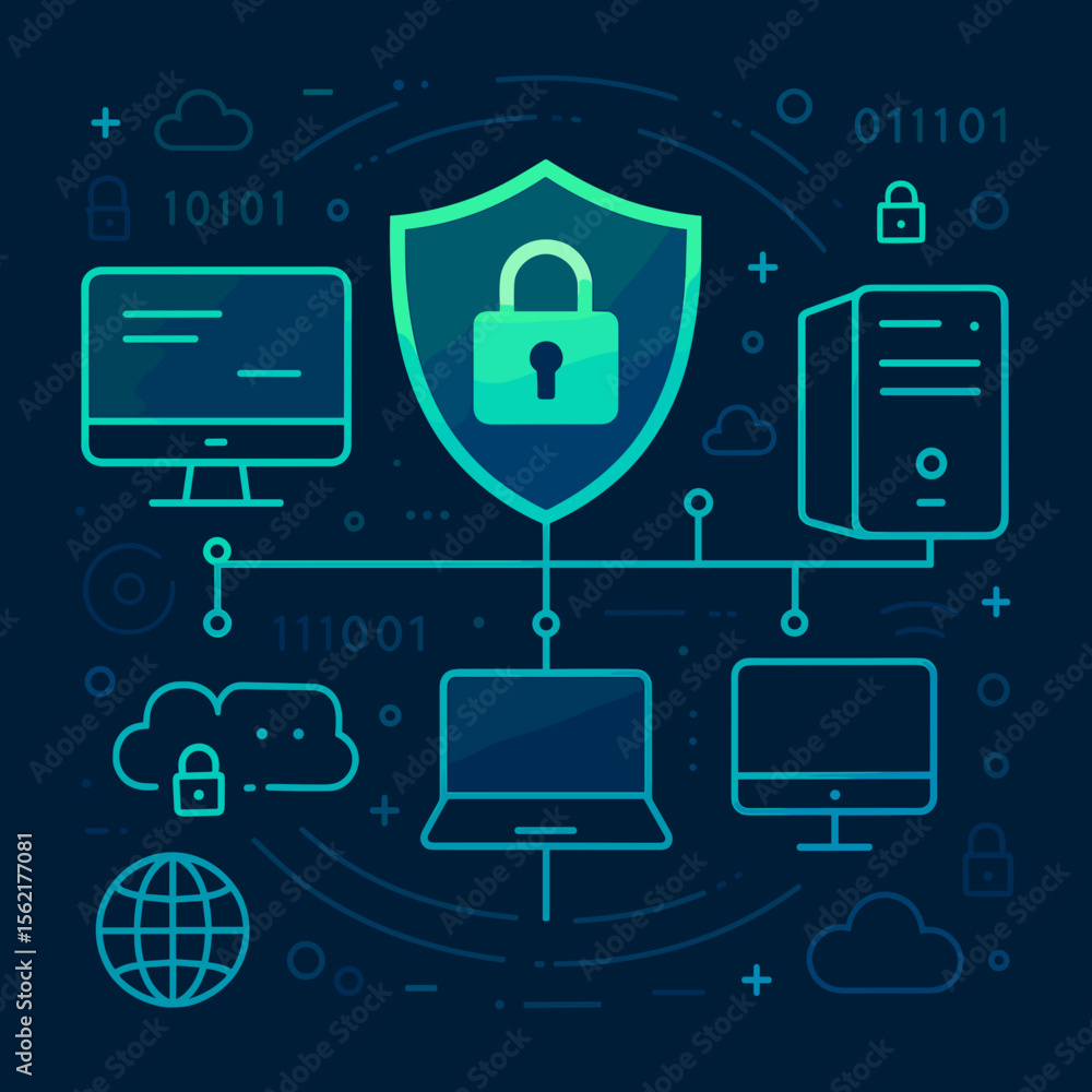 Poster line art cyber security network system with computer device and padlock