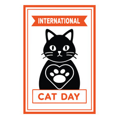 International Cat Day Graphic with Black Cat and Paw Print Heart