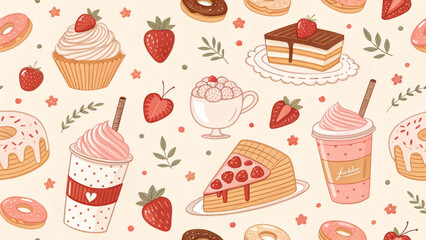 Cute Korean Café Treats Seamless Pattern
