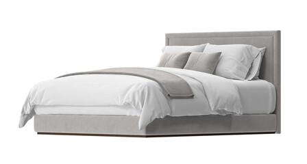 A beautifully made bed with soft, white bedding and a gray bedframe