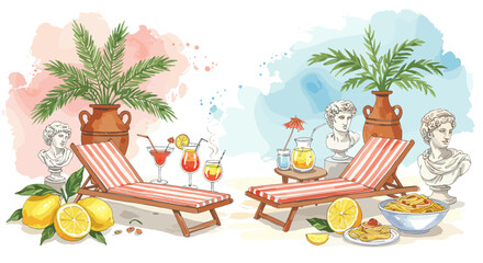 Italian summer retreat vector illustration: leisure, refreshments and classic decor for card or poster design in watercolor style