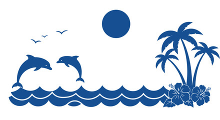 Obraz premium Tropical beach scene with dolphins and palm trees vector illustration for summer design