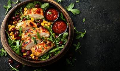 Chicken Salad Bowl Overhead with Corn Beans and Tangy Red Salsa