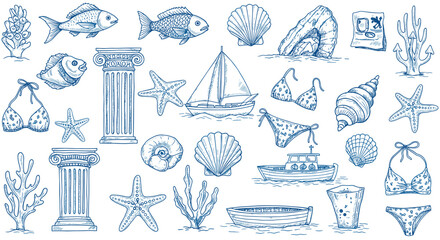 Nautical and marine vector illustration: sea life and vacation elements for design