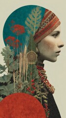 Surreal portrait of a woman wearing a headscarf, adorned with plants, wheat, berries, and an amulet, evoking a connection to nature, folklore, and ancient traditions