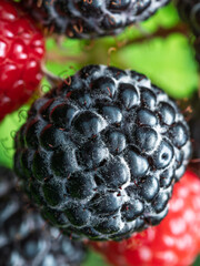 Close-up of ripe Black raspberries (Rubus occidentalis L.) showing seeds. Detailed surface macro shot of texture of fresh fruit. Organic farming, healthy food, BIO viands, back to nature concept.