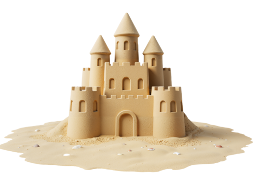 Detailed sandcastle on transparent background, summer beach photo, vacation and family theme design