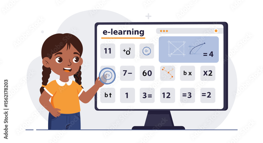 Aufkleber child engaging with e-learning math program on tablet educational vector illustration