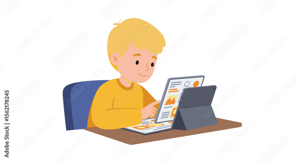 Aufkleber child learning with tablet computer vector illustration - educational technology in flat design