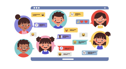 Online communication concept with children in cartoon style - vector illustration for social interaction and digital learning design