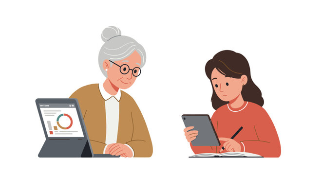 Generational gap in technology use vector illustration - elderly and young interaction - digital age learning concept