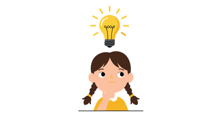 Creative idea and innovation concept with child character and lightbulb vector illustration
