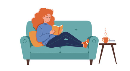 Cozy relaxation at home with woman reading on sofa vector illustration