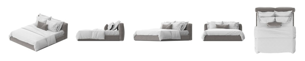 Modern beds in various angles with clean lines, comfortable and inviting for relaxation. The beds feature high-quality linens and pillows, designed for a luxurious sleeping experience.