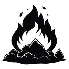 A black and white drawing of a fire with a pile of rocks vector on white background