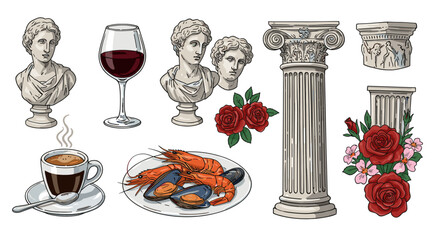 Classical architecture and italian cuisine vector illustration for art prints and posters