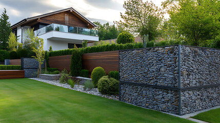 Naklejka premium Modern Home with Gabion Walls, Wood Fence, and Green Lawn Exterior Design