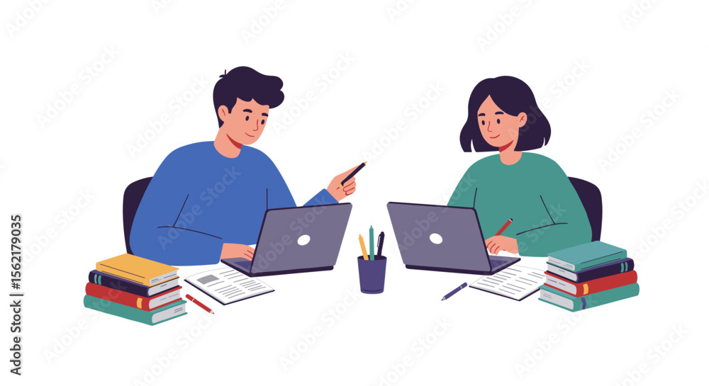 Poster collaborative teamwork and learning with laptops and books vector illustration for educational and o
