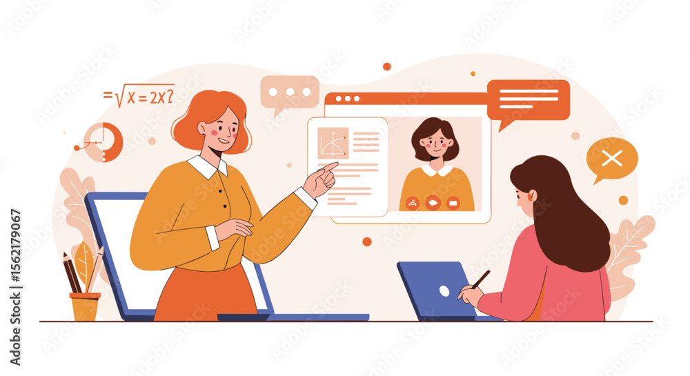 Aufkleber online learning and virtual classroom concept with interactive video call in flat vector illustratio