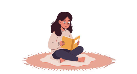 Cozy reading time concept vector illustration of girl sitting on rug in minimalist style